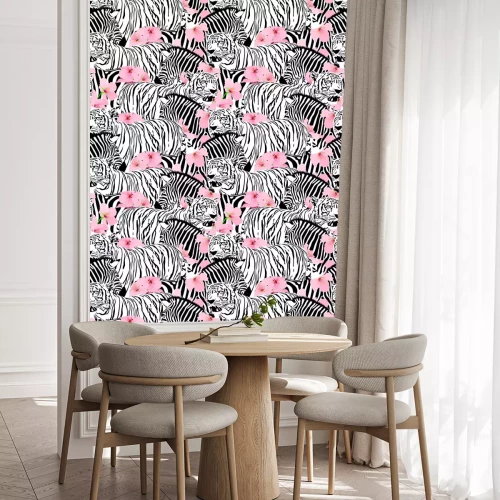 Behang Patroon zebra en tijger met roze bloemen