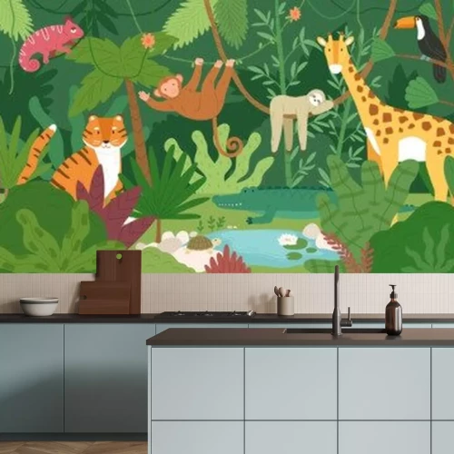 Sticker Adorable exotic animals in tropical forest or rainforest full of palm trees and lianas. Flora and fauna of tropics. Cute funny inhabitants of African jungle. Flat cartoon colorful vector illustration.