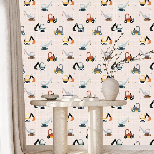 Behang Kids seamless pattern with building equipment. Funny creative print for textile. Vector hand drawn illustration.