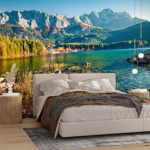 Fotobehang Rotsachtige bergen en een meer