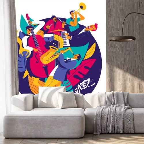 Sticker Summer jazz music festival poster. Multiple musicians composition on abstract floral background. Modern flat colors illustration. 