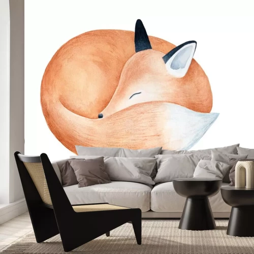 Sticker Cute fluffy sleeping fox character watercolor illustration. Symbol of cleverness, intelligence, charm, beauty, protection. Handdrawn water color graphic drawing, cutout element for design decoration.