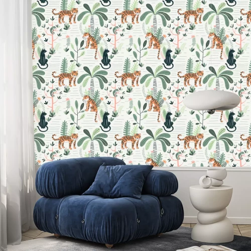 Behang Wildlife color vector seamless pattern. Panther and tiger background. Rainforest, jungle fauna, flora. Tropical plants, palms, flowers. Decorative animal textile, wallpaper, wrapping paper design