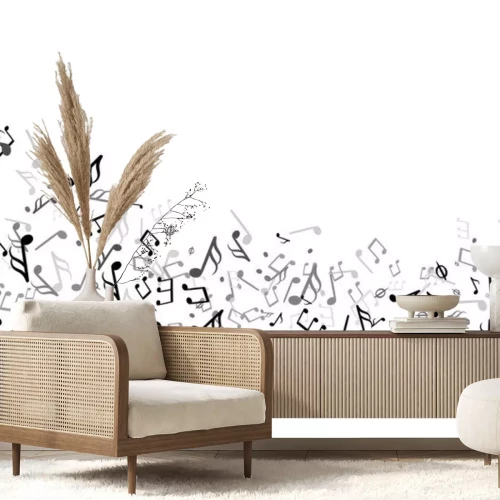 Sticker Music notes swirl. Wave with notes musical stave key harmony, symphony melody flowing music staff treble clef vector background