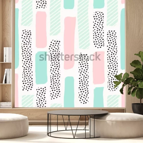 Sticker Naadloos het herhalen patroon met borstelslagen in pastelkleurroze, muntgroene en puntentextuur op witte achtergrond. Creatieve en moderne tegels achtergrond, poster, textiel, wenskaart ontwerp.