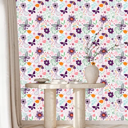 Behang Vlinders, vogels en meisjesachtige bloemen