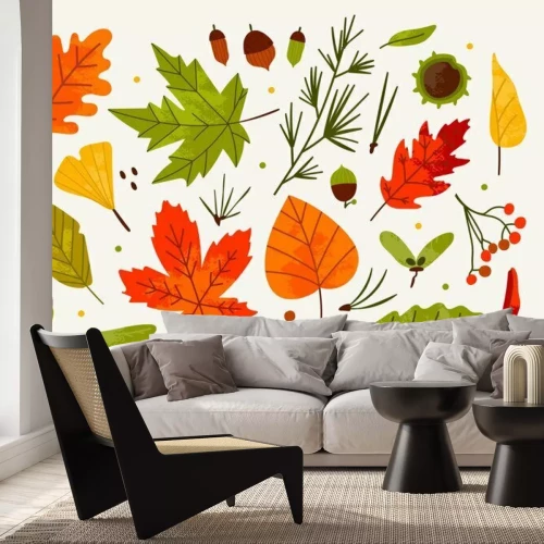 Sticker Hand drawn big vector set of various autumn leaves, rowan, acorn and chestnut. Colored trendy illustration. Flat design. Stamp texture. All elements are isolated