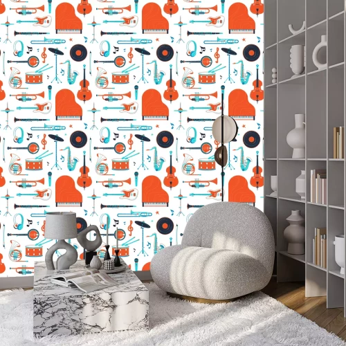 Behang Musical instruments, equipment retro vector flat seamless pattern