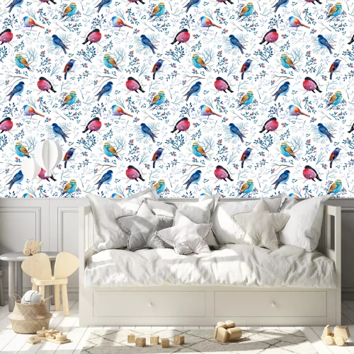 Behang Gouahe seamless pattern with bright birds on branches with leaves
