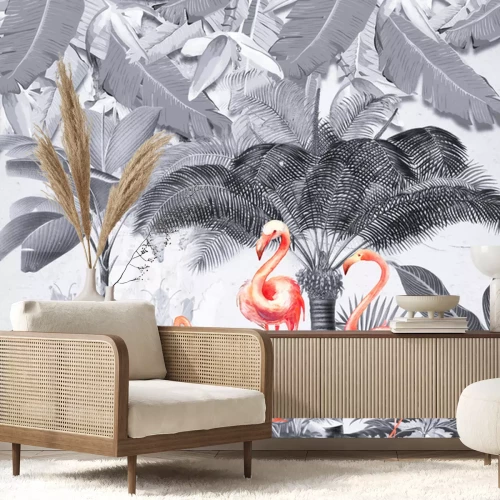 Sticker Kleurrijke flamingo's op een grijze achtergrond