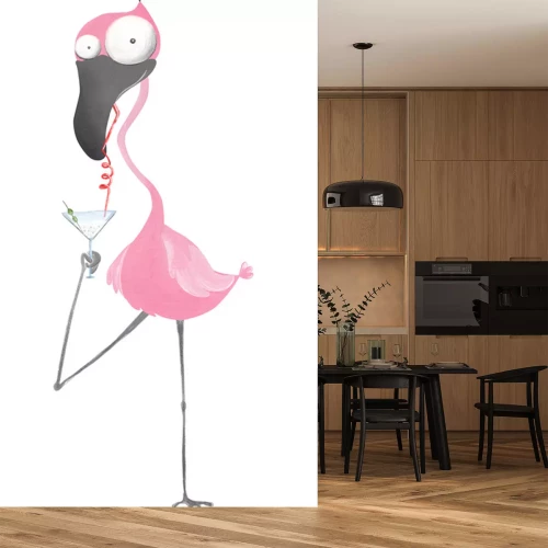 Sticker Funny flamingo with cocktail. Hand drawn illustration