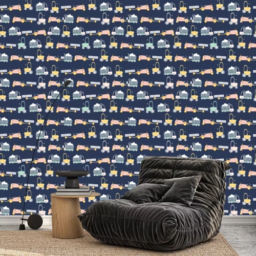 Behang Childish seamless pattern with truck and tractor. Scandinavian kids print. Vector hand drawn illustration.