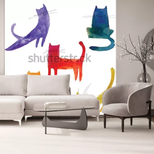 Sticker Baby kat kleurrijke katten met zwarte aquarel bakkebaarden