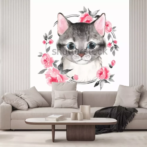 Sticker Babykat in een rond frame met waterverfbloemen