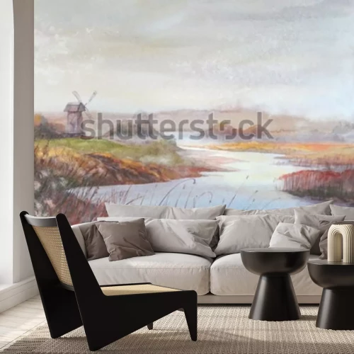 Fotobehang Rivier en velden in vintage stijl