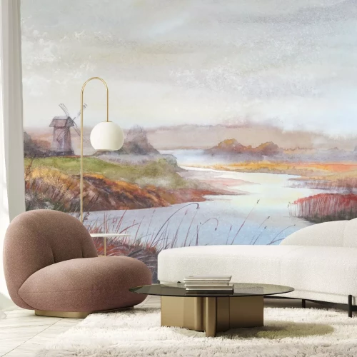 Fotobehang Rivier en velden in vintage stijl