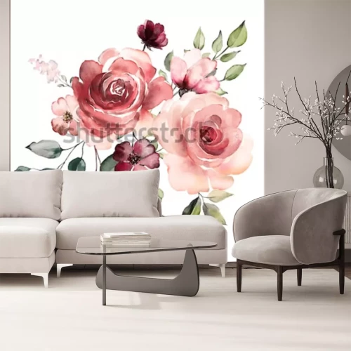 Fotobehang Aquarelboeket van rozen en bladeren