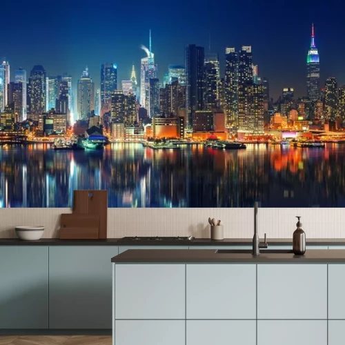Fotobehang Panoramisch uitzicht op Manhattan bij nacht
