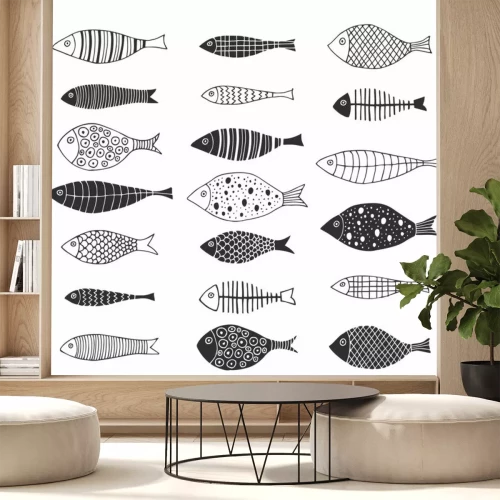 Sticker Set of hand drawn doodle fishes for kids design. Scandinavian outline style. Vector isolated illustration.