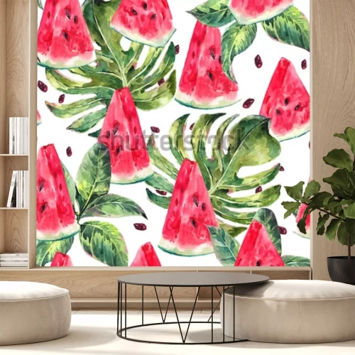 Sticker Het exotische naadloze patroon van de de zomerwaterverf met tropische bladeren, plakken van watermeloenpatroon, natuurlijke illustratie op witte achtergrond