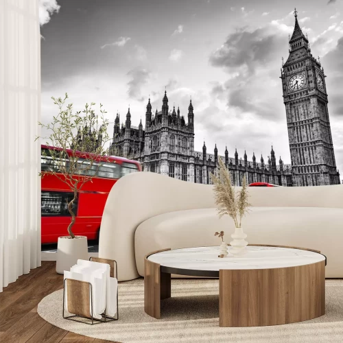 Fotobehang Londense straten met rode bussen in zwart-wit