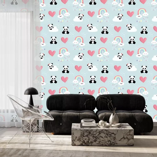 Behang Leuke panda's in de wolken tussen de harten