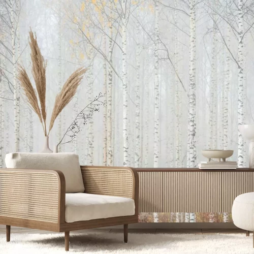 Fotobehang Berkenbos in het mistlandschap