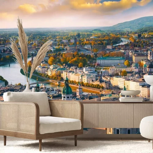 Fotobehang Panorama uitzicht over de stad Salzburg met de rivier de Salzach