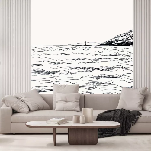 Sticker Vector zomer zeegezicht schets. Uitzicht op zee en de bergen