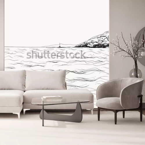 Sticker Vector zomer zeegezicht schets. Uitzicht op zee en de bergen