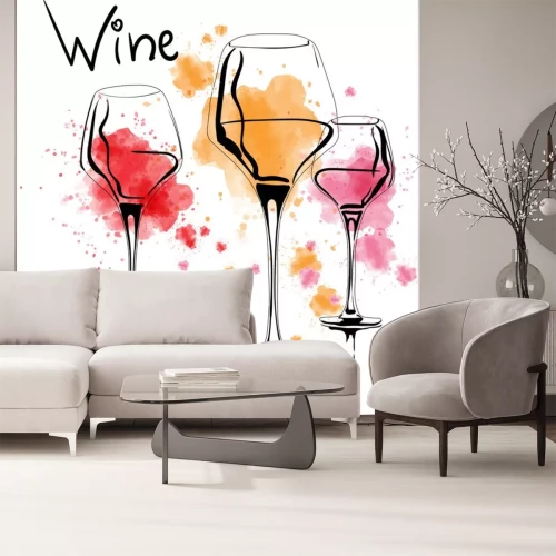 Sticker A set of vector and watercolor drawings of glass of rose, red, and white wine with splashes of paint, on white background