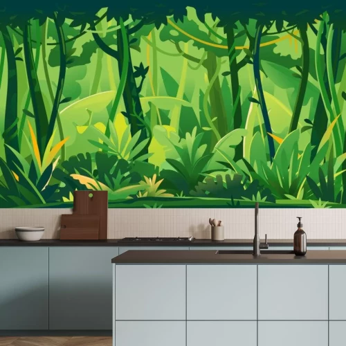 Sticker Wild jungle forest with trees, bushes and lianas, nature landscape with green jungle foliage and exotic plants growing on ground, horizontal banner with tropical plants on sunny day