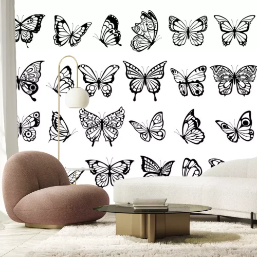 Sticker Zwart-witafbeeldingen met vlinders van verschillende soorten