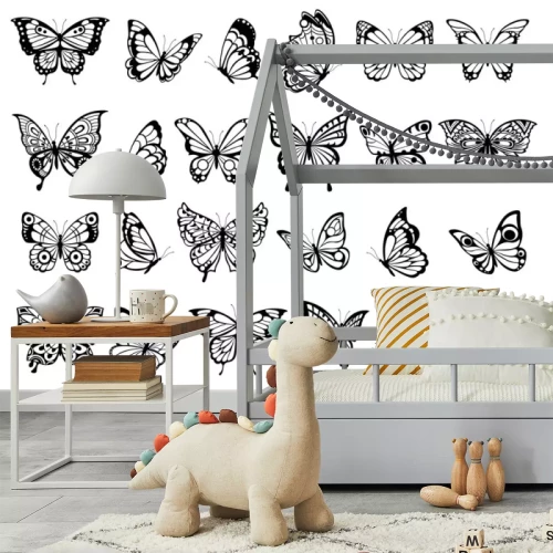 Sticker Zwart-witafbeeldingen met vlinders van verschillende soorten