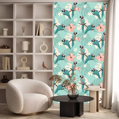 Behang Pastel papegaai bladeren en bloemen