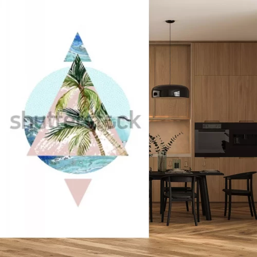 Sticker Abstracte zomer achtergrond. Driehoek, cirkel, aquarel palmboom, blad, marmeren grunge texturen. Geometrisch ontwerp voor t-shirt, flyer, poster in retro 80s, 90s. Handgeschilderde zomer strand illust