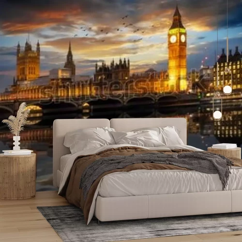 Fotobehang Londen &#39;s nachts weerspiegeld in de Theems