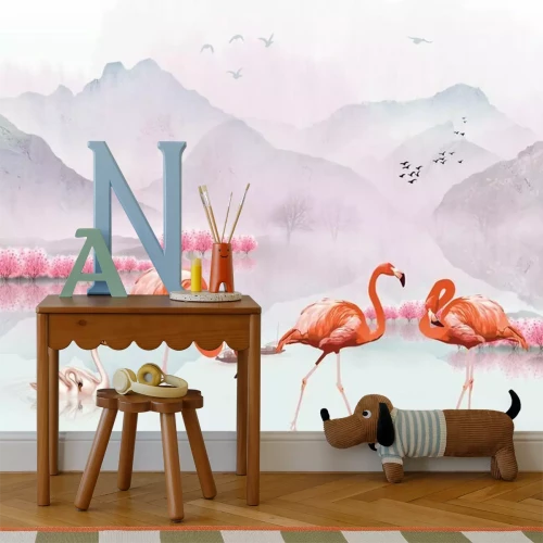 Fotobehang Flamingo's en berglandschap