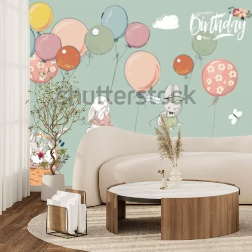 Sticker Kleine konijntjes drijvend op ballonnen