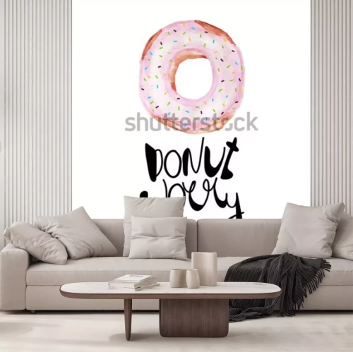 Sticker Fashion print met aquarel donut en slogan maak je geen zorgen. Hand getekende illustratie.