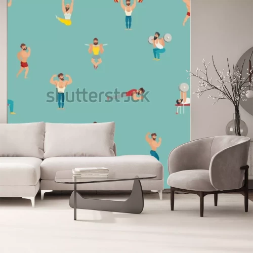 Sticker Sport en gym vector patroon. Hand tekenen achtergrond met gespierde, bebaarde mans illustratie. Cartoon naadloze achtergrond. Behang met fitnessmodellen, poseren, bodybuilding