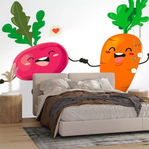 Sticker Funny carrot and radish in cartoon style. Vector isolates on a white background.