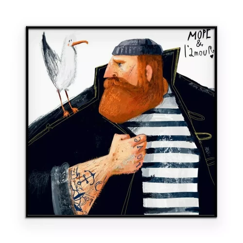 Poster Een zeeman met een zeemeeuw in een artistieke illustratie.