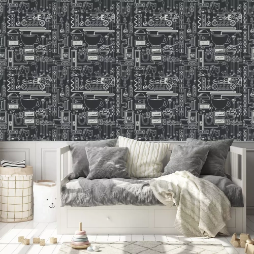 Behang Vector seamless pattern on coffee theme with a cup of freshly brewed coffee, plant with conveyor coffee production in retro style and with words Coffee house.