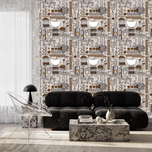 Behang Vector seamless pattern on coffee theme with a cup of freshly brewed coffee, plant with conveyor coffee production in retro style and with words Coffee house.