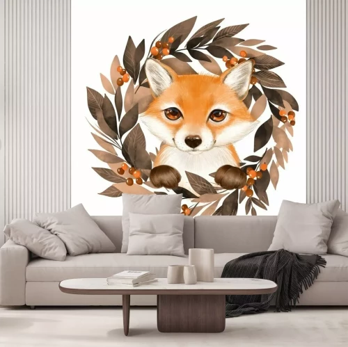 Sticker Cute cartoon fox with autumn wreath isolated on white