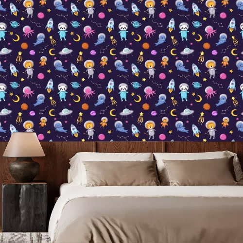 Behang Space animals pattern. Cute baby animal astronauts flying kid pets cosmonauts funny spaceman boy seamless cosmos vector wallpaper. Illustration of astronaut spaceship, octopus and panda in space suit