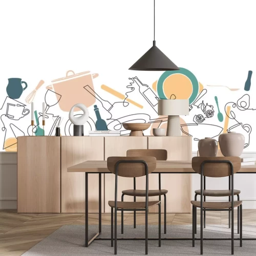 Sticker Cooking. Background with Utensils and Food. Seamless Culinary Horizontal Pattern.