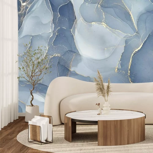 Fotobehang Blauw marmer met imitatiegoud