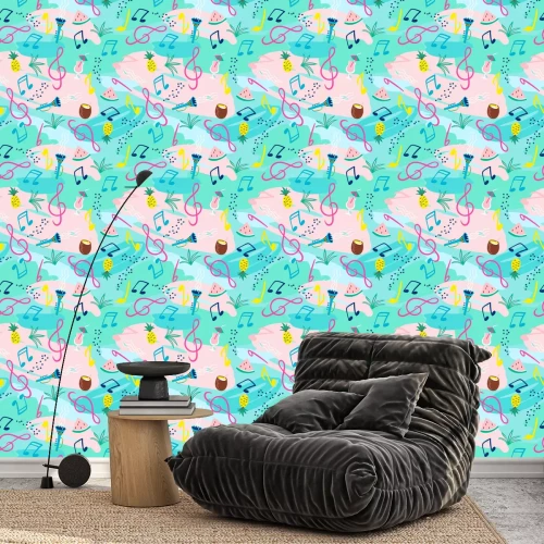 Behang Seamless pattern with musical notes, instruments and summer symbols. Vector